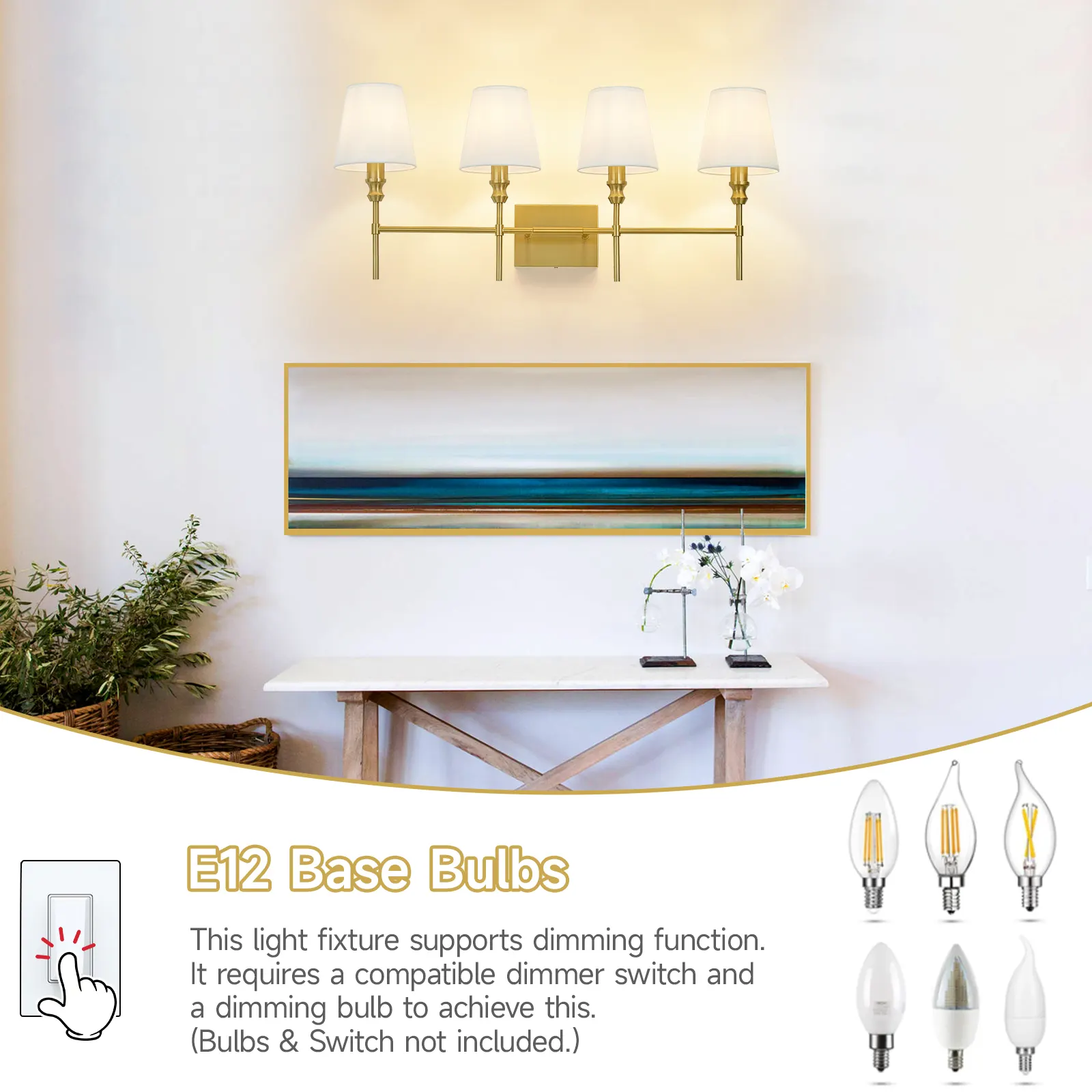 Vintage Gold 4-Light Fabric Vanity Light, image 3 of 7