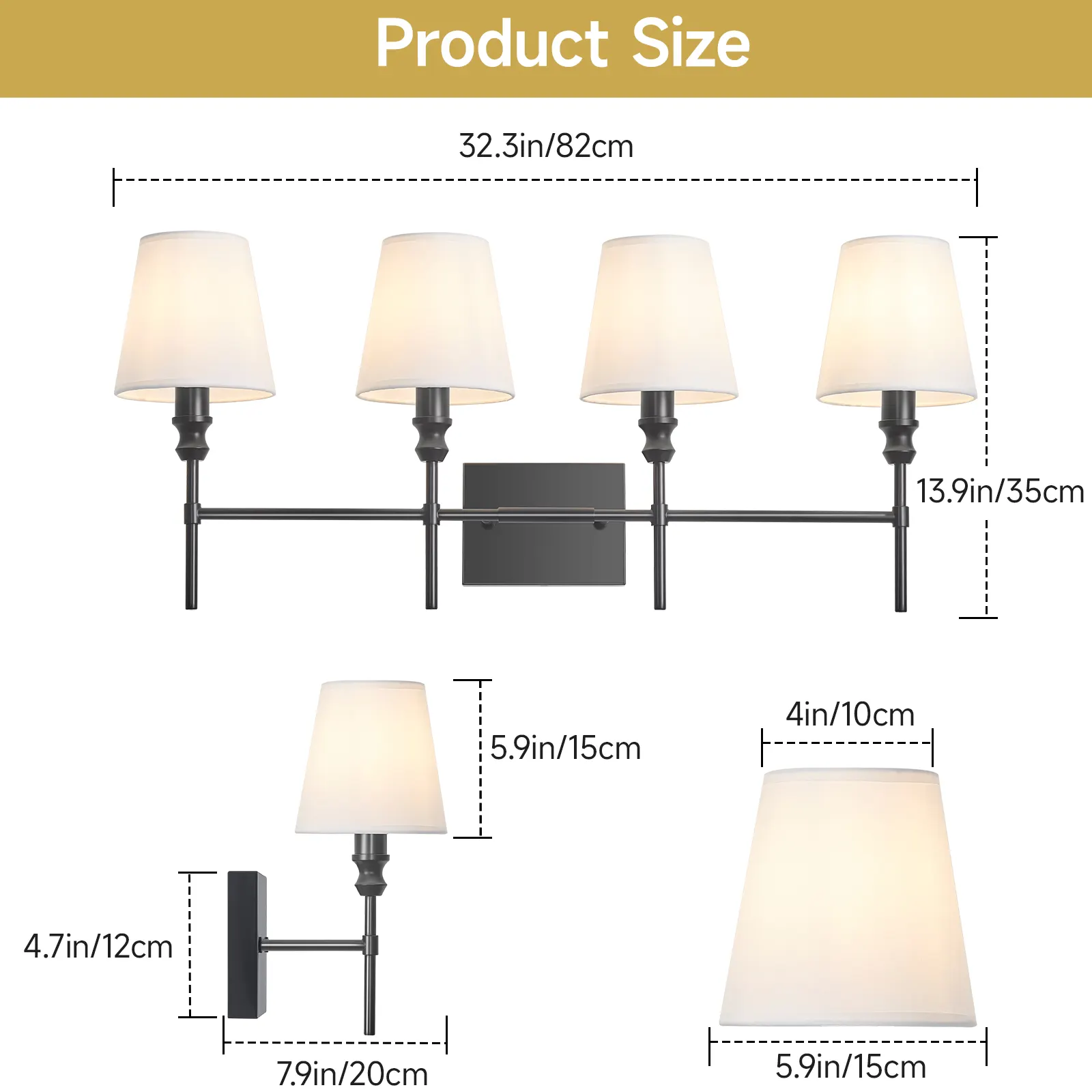 Vintage Black 4-Light Fabric Vanity Light, image 7 of 7