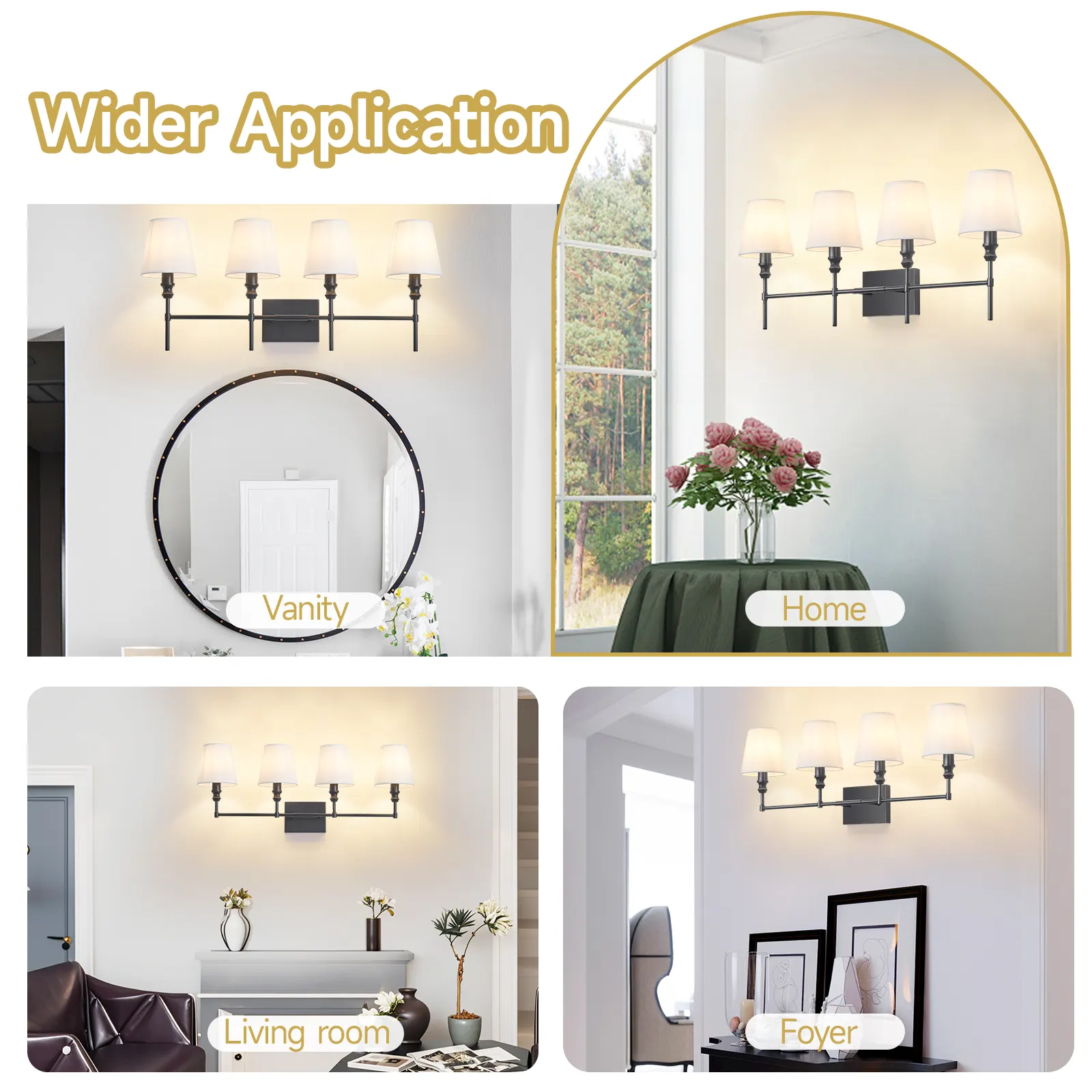 Vintage Black 4-Light Fabric Vanity Light, image 5 of 7