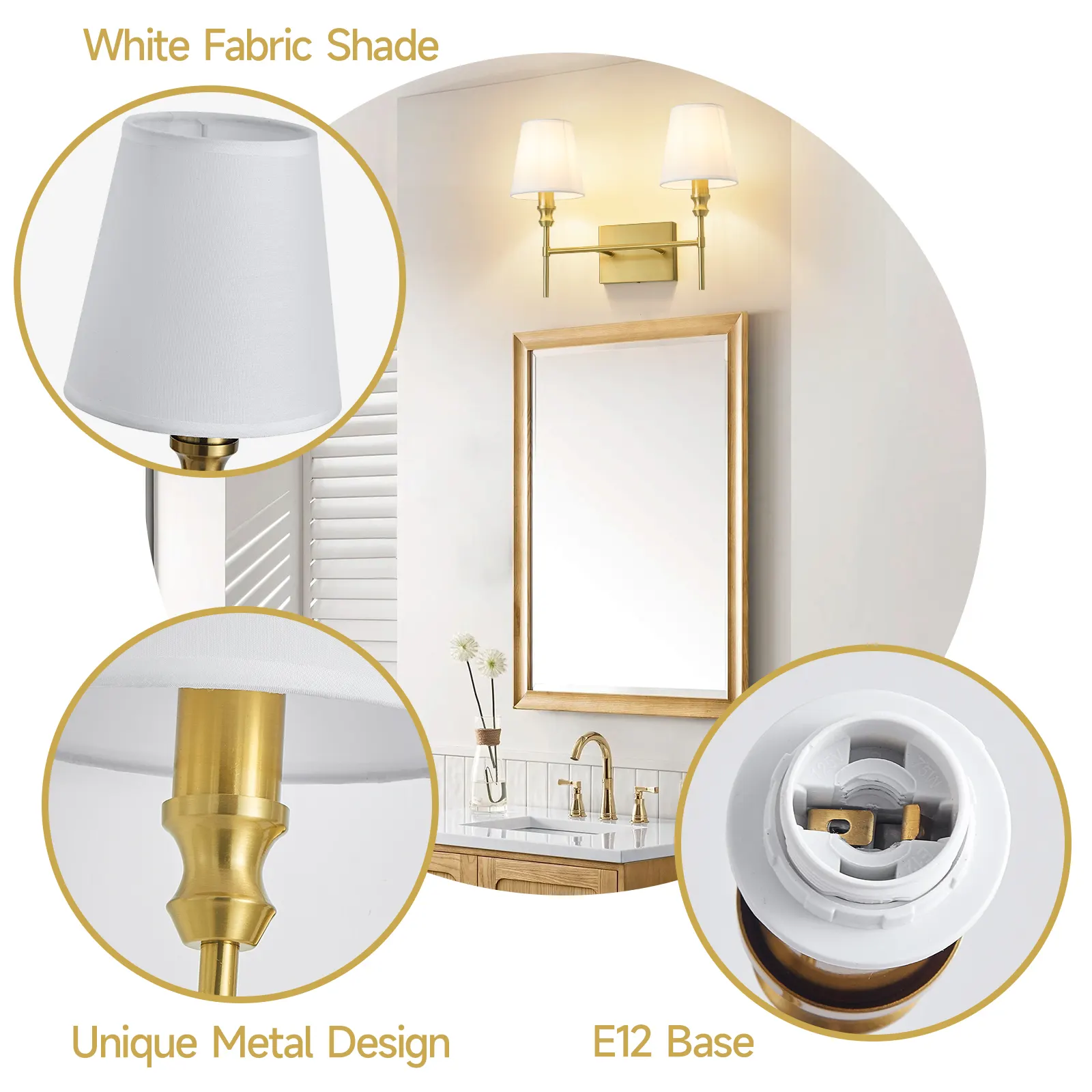 Vintage Gold 2-Light Fabric Vanity Light, image 4 of 7