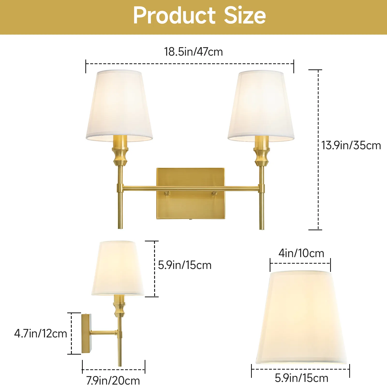 Vintage Gold 2-Light Fabric Vanity Light, image 7 of 7