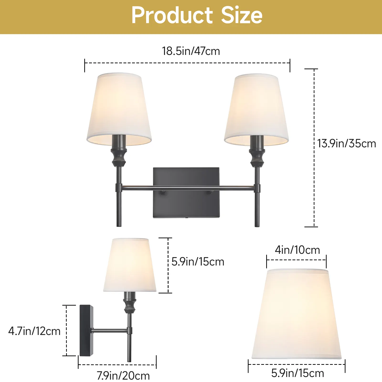 Vintage Black 2-Light Fabric Vanity Light, image 7 of 7