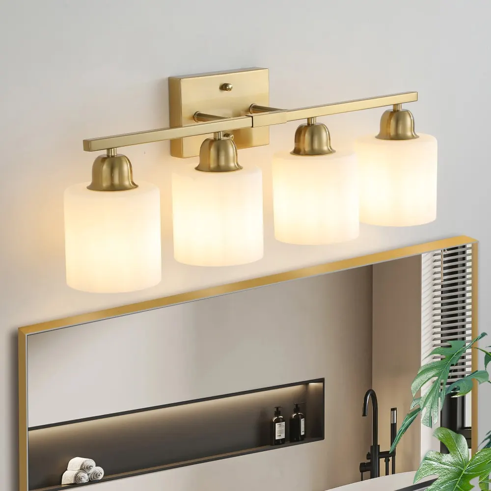 Modern Gold 4-Light Frosted Glass Vanity Light, 24 in