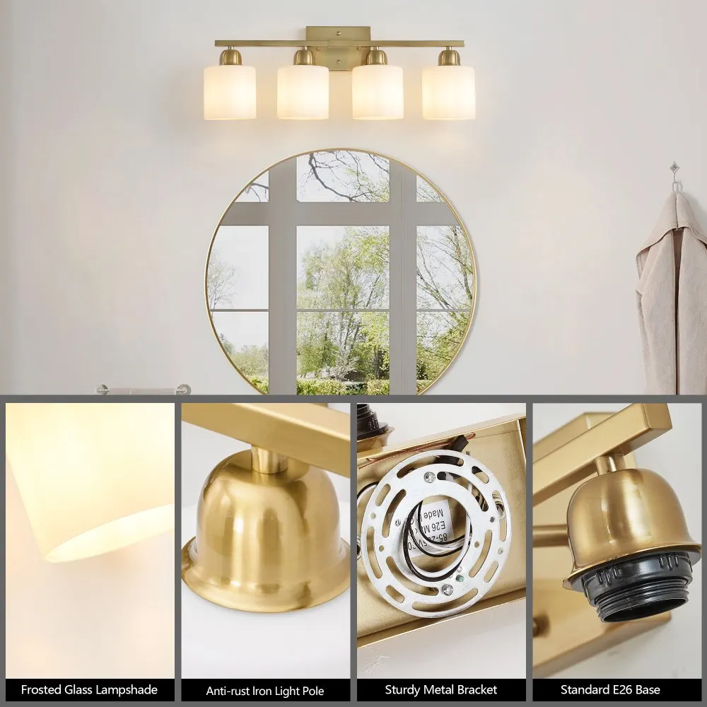 Modern Gold 4-Light Frosted Glass Vanity Light, 24 in, image 3 of 5