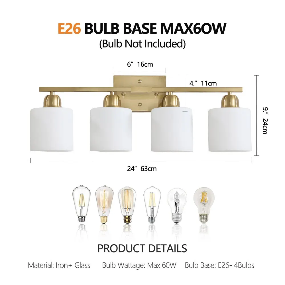 Modern Gold 4-Light Frosted Glass Vanity Light, 24 in, image 5 of 5
