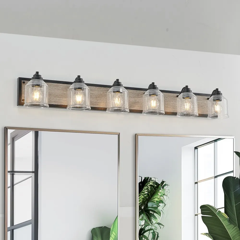 Farmhouse Black 6-Light Seeded Glass Vanity Light, 49 in