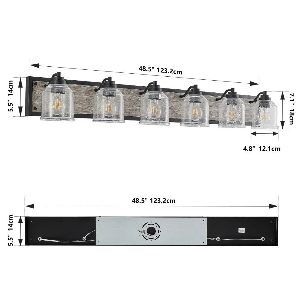 Farmhouse Black 6-Light Seeded Glass Vanity Light, 49 in, image 4 of 5