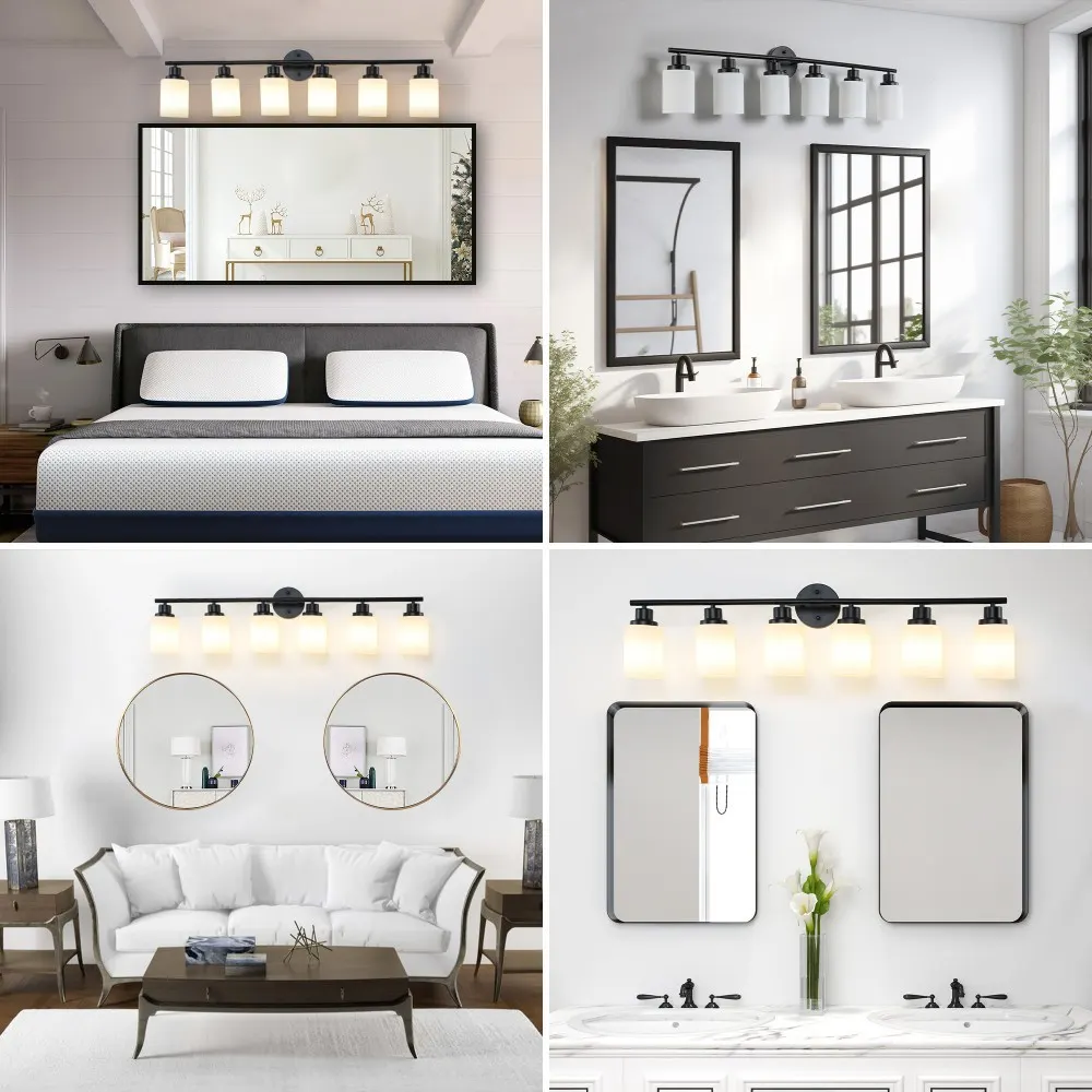 Modern Black 6-Light Frosted Glass Vanity Light, 39 in, image 2 of 5
