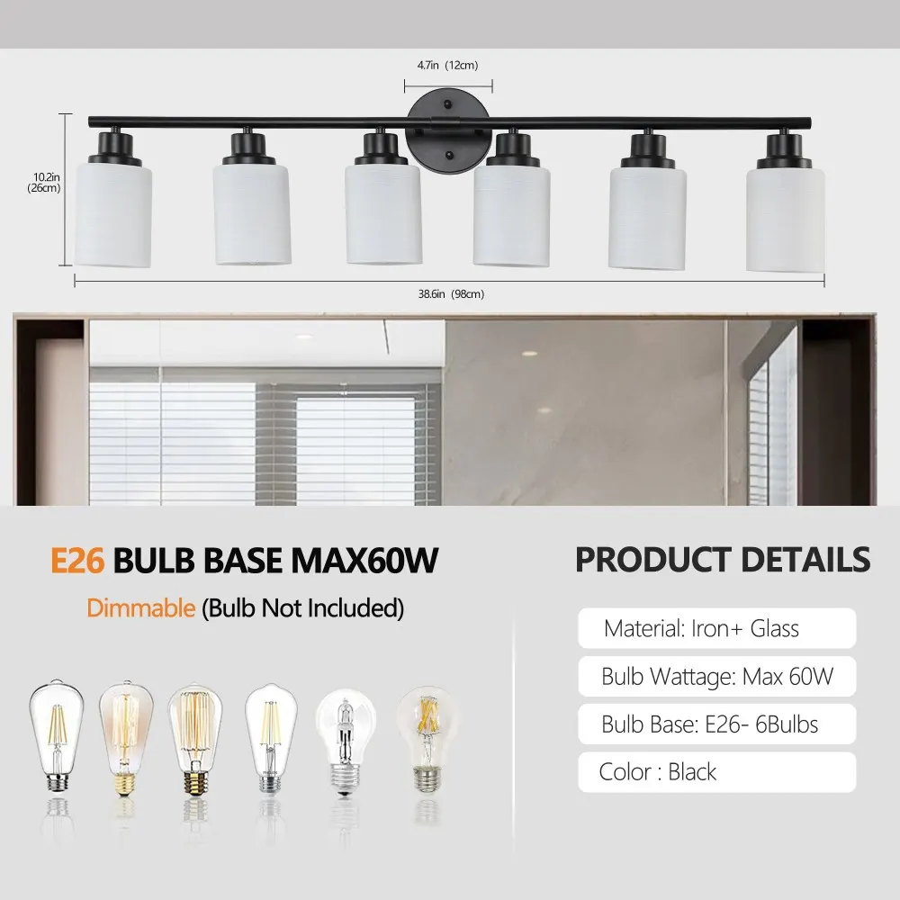 Modern Black 6-Light Frosted Glass Vanity Light, 39 in, image 5 of 5