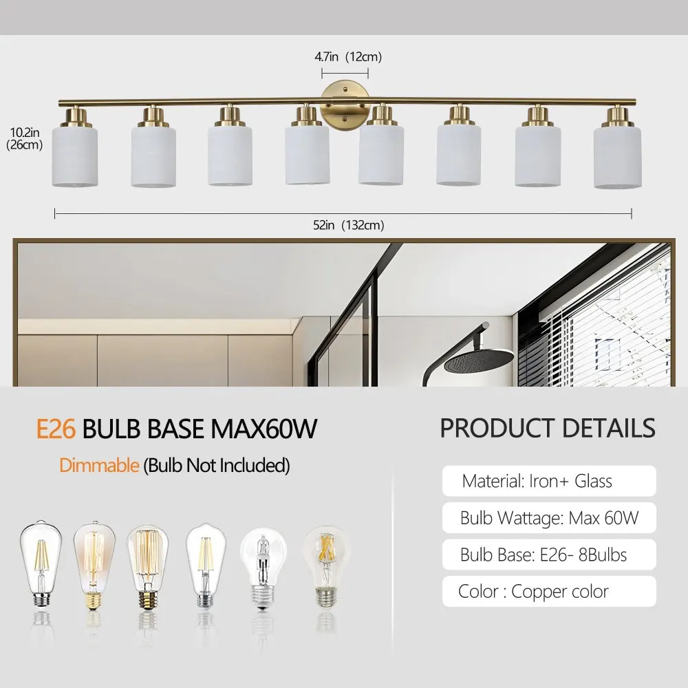 Modern 8-Light Frosted Glass Vanity Light, 52 in, image 4 of 5