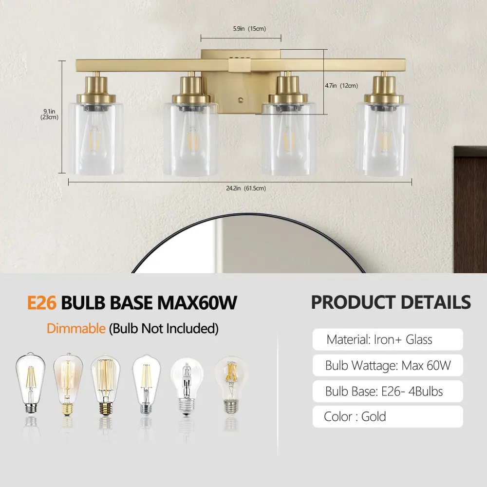 Modern Gold 4-Light Clear Glass Vanity Light, 24 in, image 4 of 5