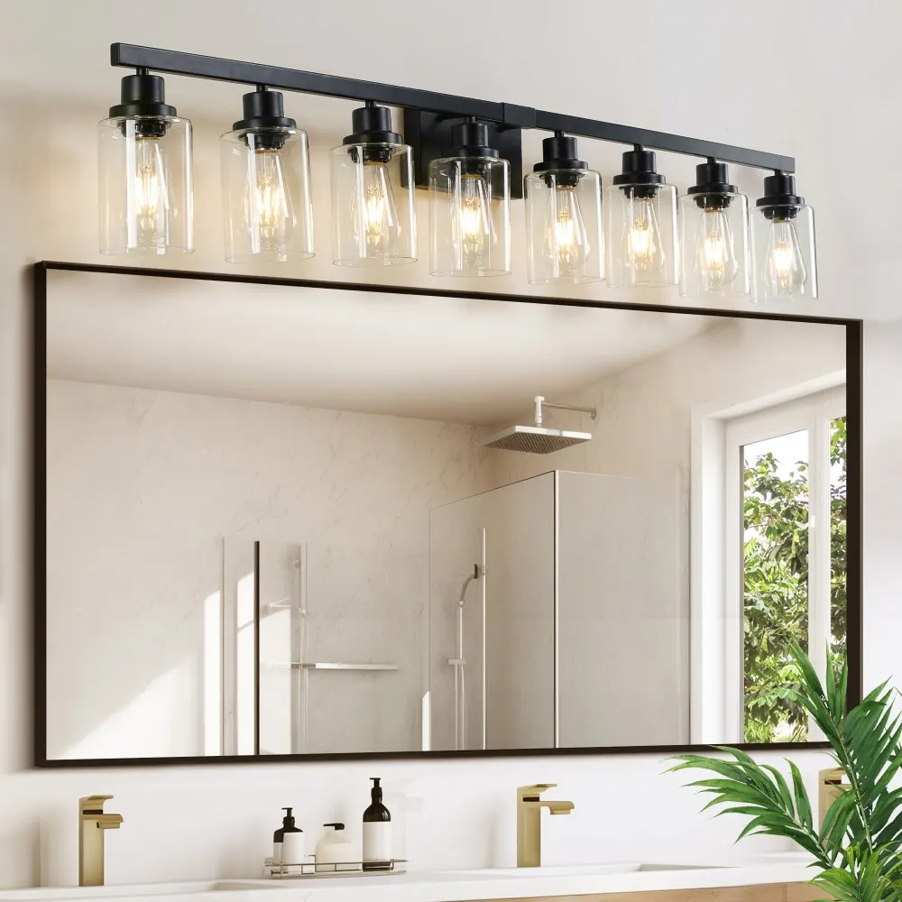 Modern Black 8-Light Clear Glass Vanity Light, 51 in