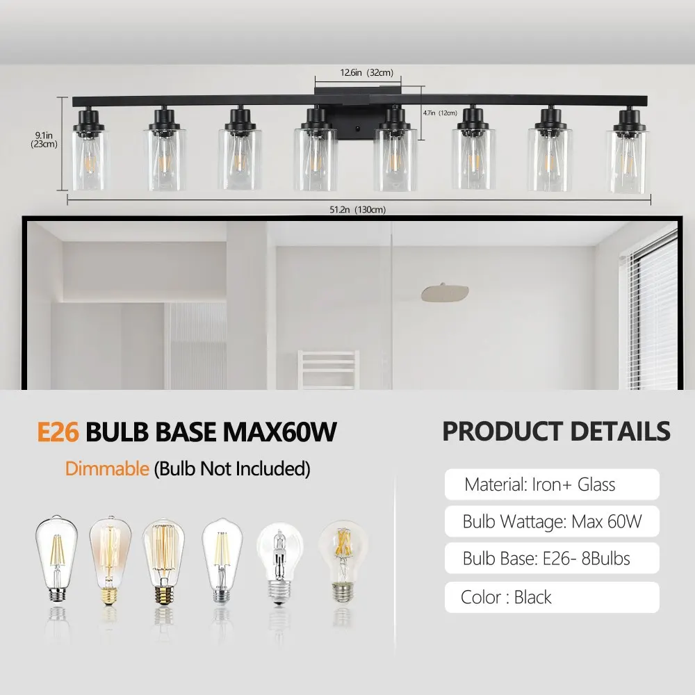 Modern Black 8-Light Clear Glass Vanity Light, 51 in, image 4 of 5