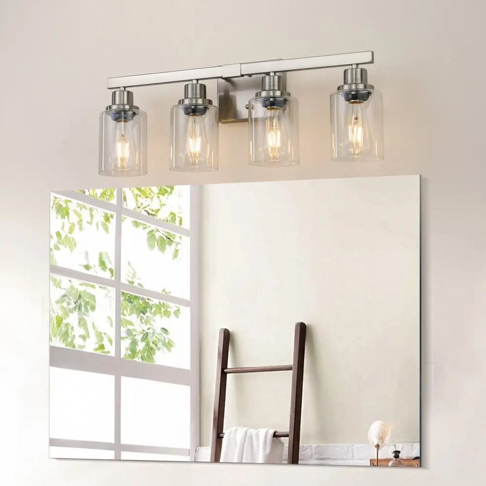 Modern Brushed Nickel 4-Light Clear Glass Vanity Light, 24 in, image 3 of 5