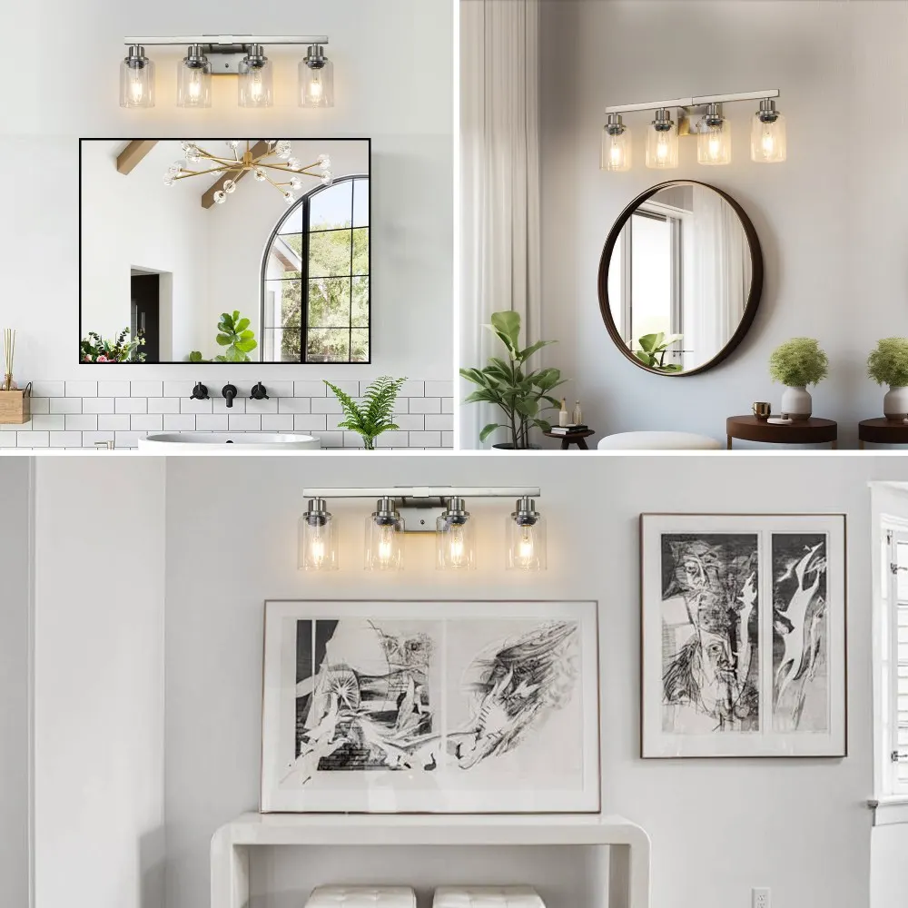 Modern Brushed Nickel 4-Light Clear Glass Vanity Light, 24 in