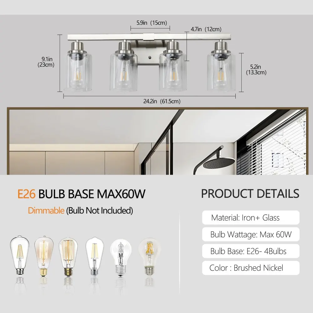 Modern Brushed Nickel 4-Light Clear Glass Vanity Light, 24 in, image 4 of 5