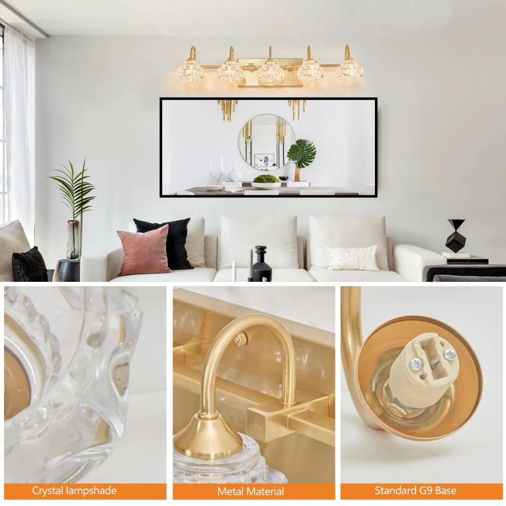 Modern Gold 5-Light Clear Glass Vanity Light, 29 in, image 3 of 5