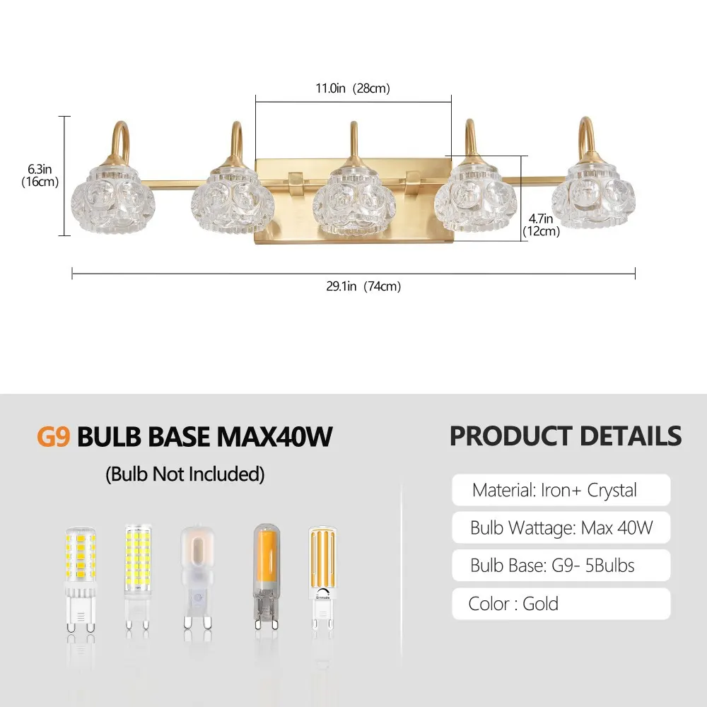 Modern Gold 5-Light Clear Glass Vanity Light, 29 in, image 4 of 5
