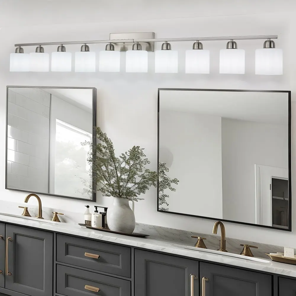 Modern Nickel 10-Light Glass Vanity Light, 65 in