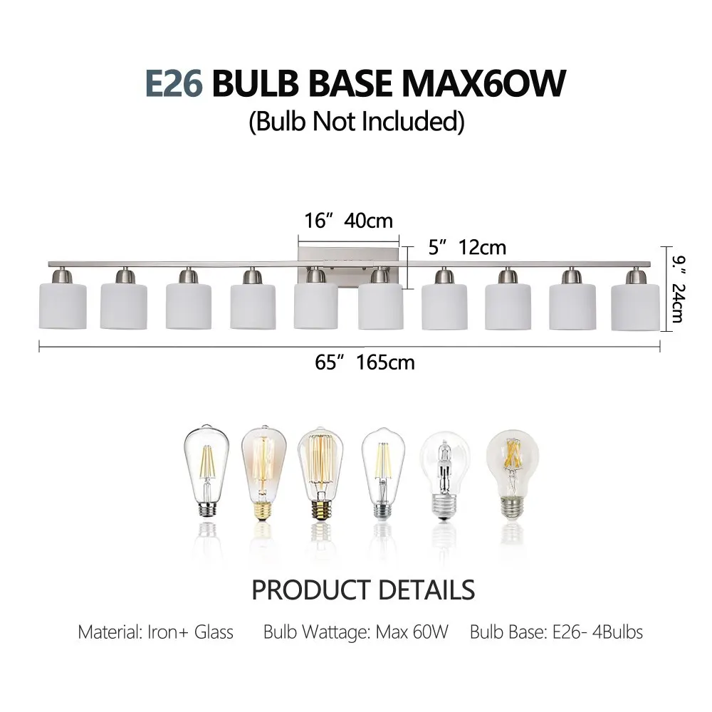 Modern Nickel 10-Light Glass Vanity Light, 65 in, image 3 of 5