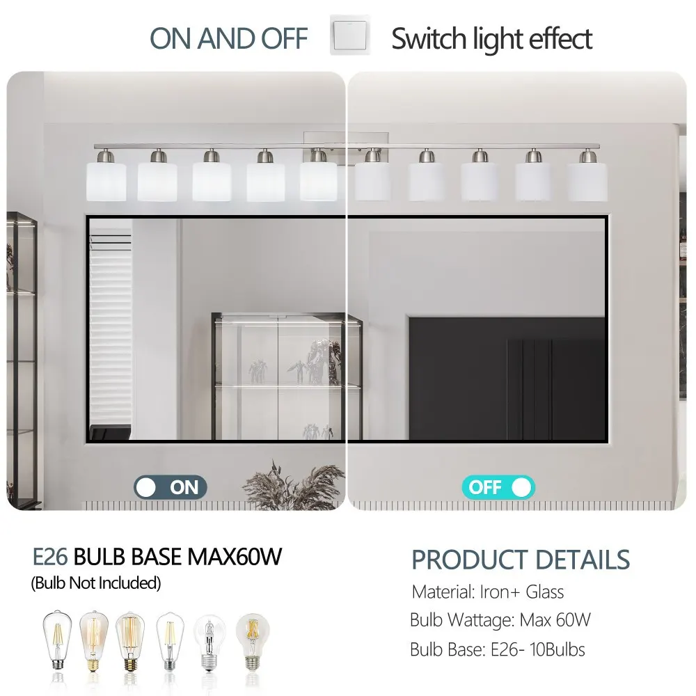 Modern Nickel 10-Light Glass Vanity Light, 65 in, image 4 of 5
