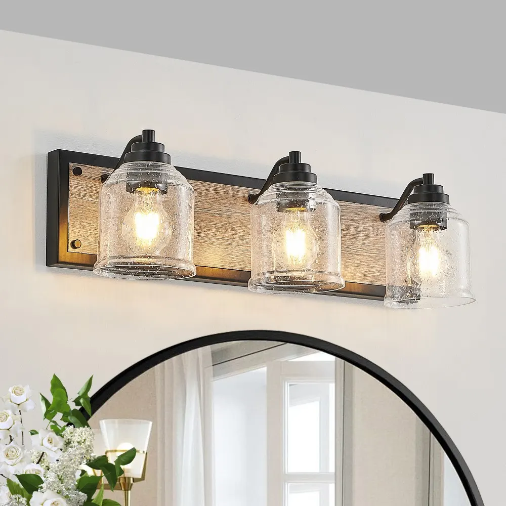 Farmhouse Black 3-Light Seeded Glass Vanity Light, 23 in
