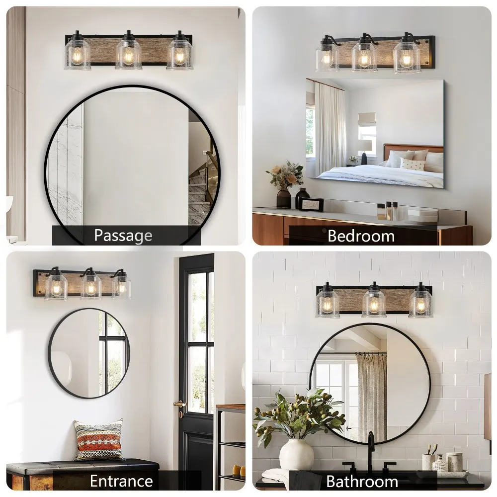 Farmhouse Black 3-Light Seeded Glass Vanity Light, 23 in, image 2 of 5