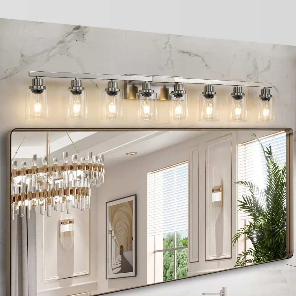 Modern Brushed Nickel 8-Light Clear Glass Vanity Light, 51 in