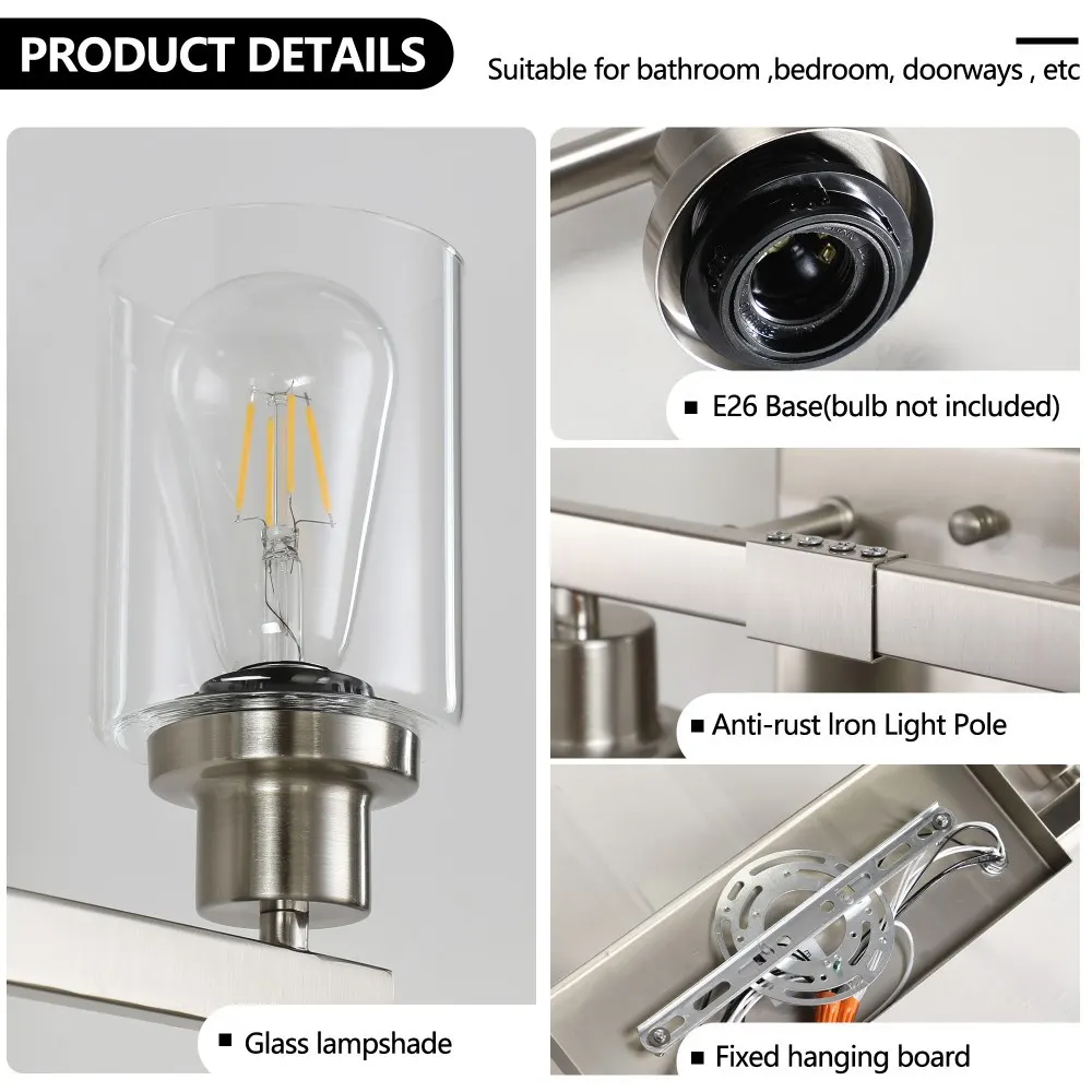Modern Brushed Nickel 8-Light Clear Glass Vanity Light, 51 in, image 3 of 5