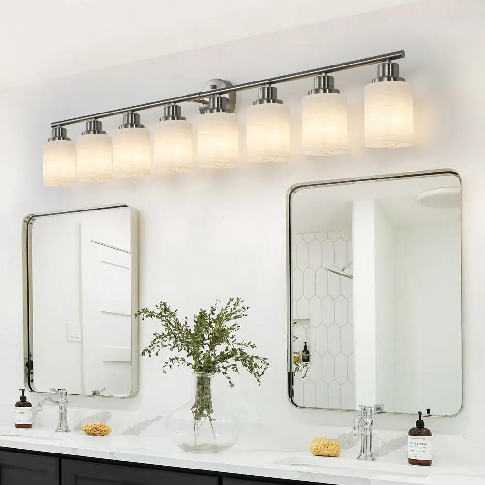 Modern Brushed Nickel 8-Light Frosted Glass Vanity Light, 52 in, image 2 of 5