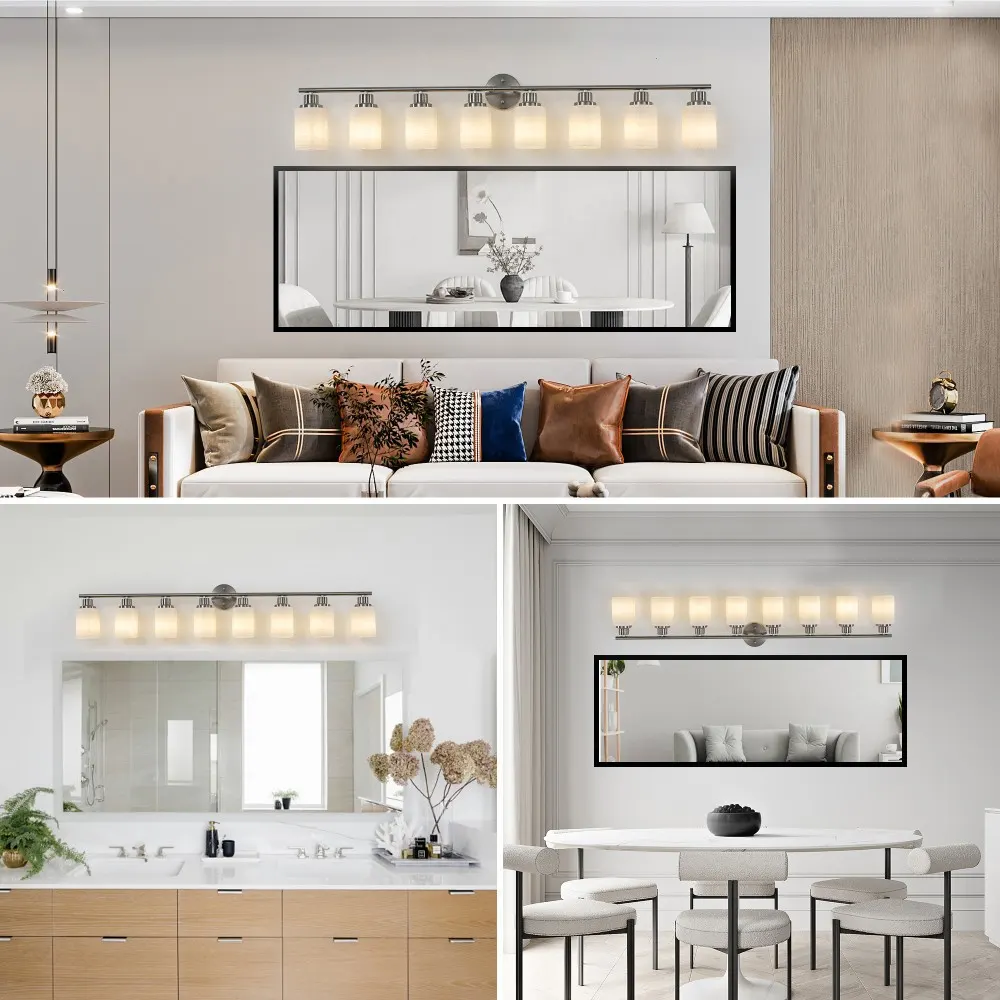 Modern Brushed Nickel 8-Light Frosted Glass Vanity Light, 52 in