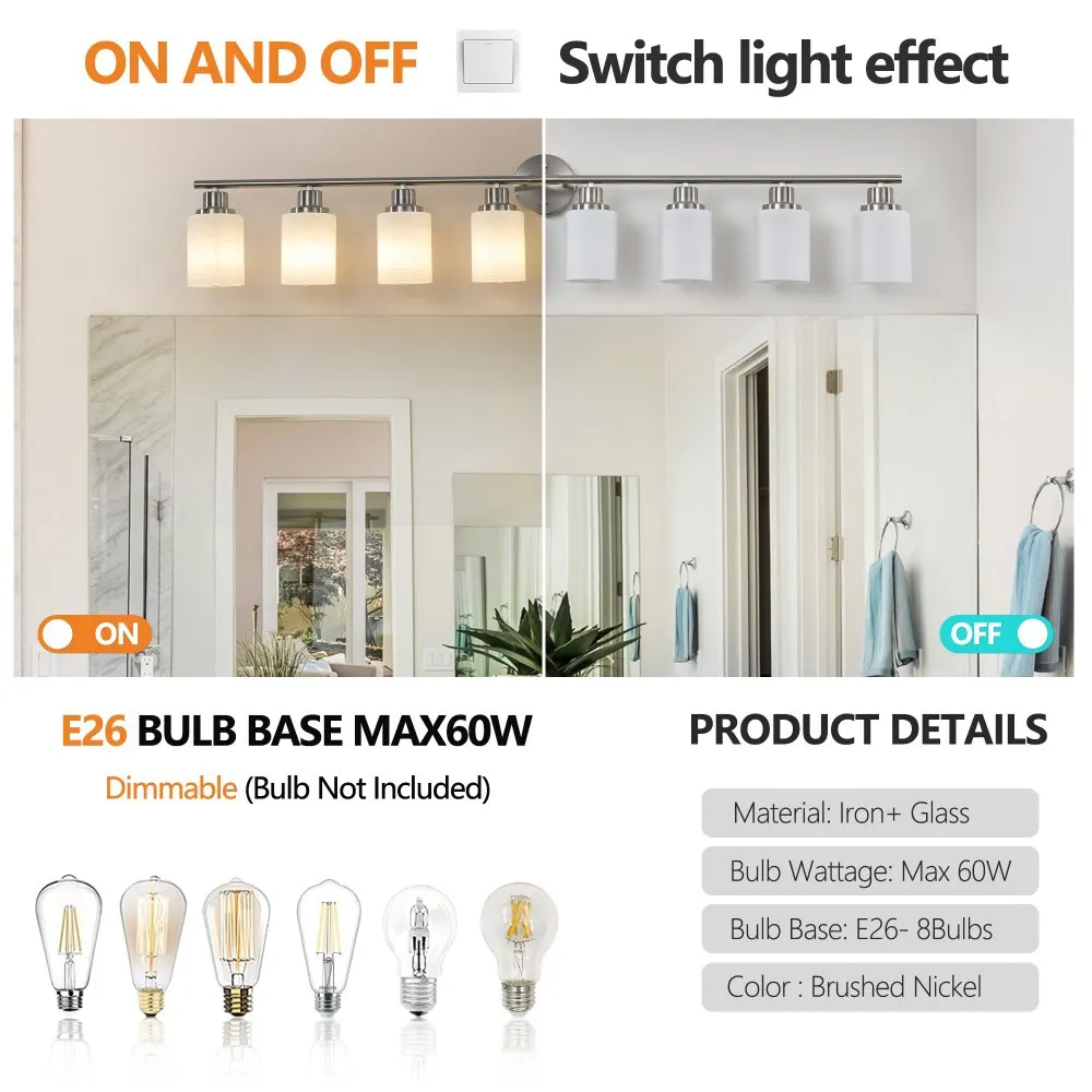 Modern Brushed Nickel 8-Light Frosted Glass Vanity Light, 52 in, image 4 of 5