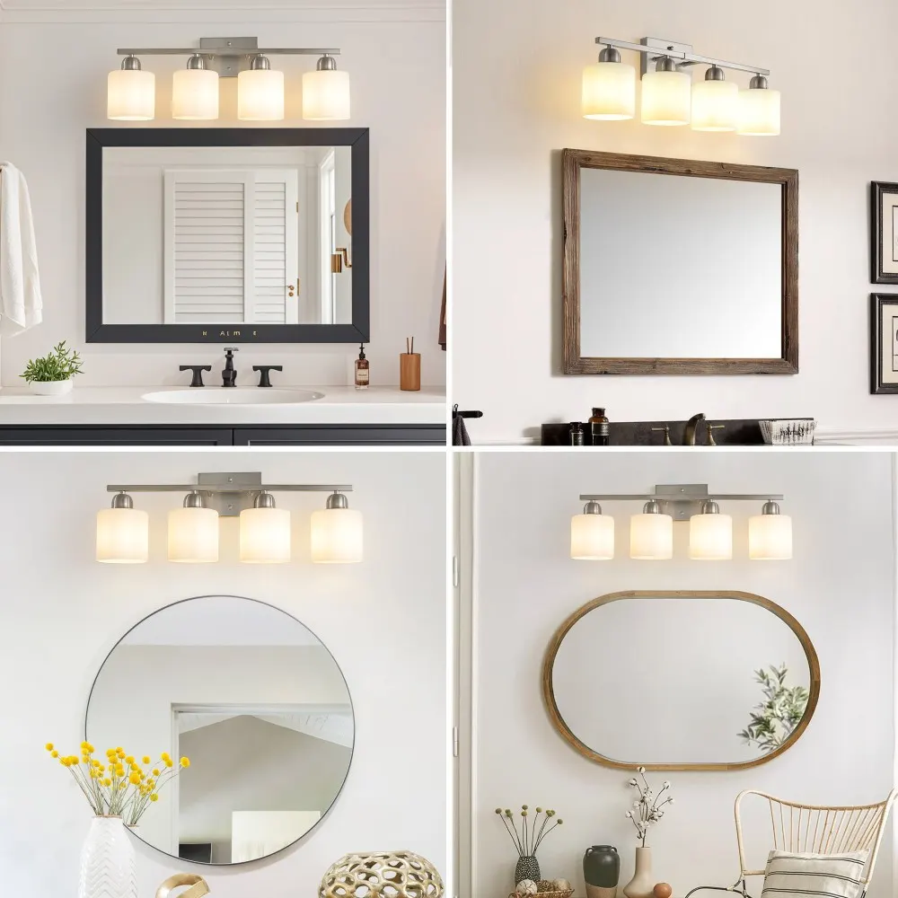 Modern Brushed Nickel 4-Light Frosted Glass Vanity Light, 24 in, image 3 of 5