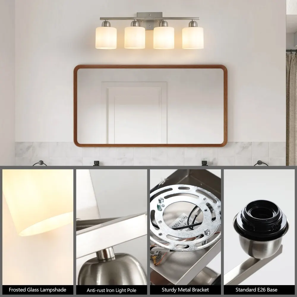 Modern Brushed Nickel 4-Light Frosted Glass Vanity Light, 24 in, image 4 of 5