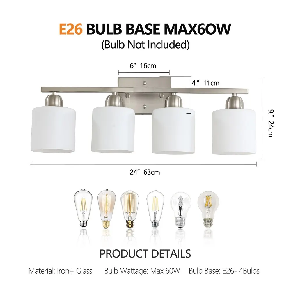 Modern Brushed Nickel 4-Light Frosted Glass Vanity Light, 24 in, image 5 of 5