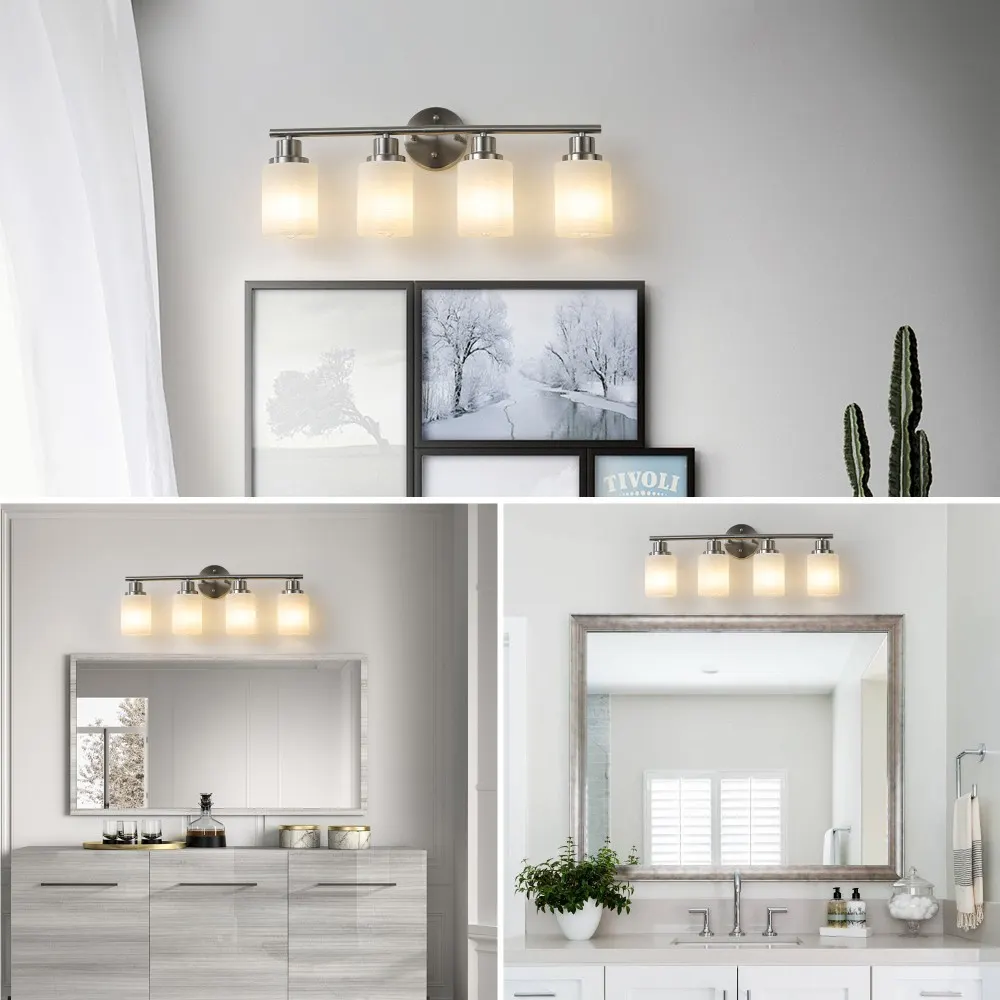 Modern Brushed Nickel 4-Light Frosted Glass Vanity Light, 24 in, image 2 of 5