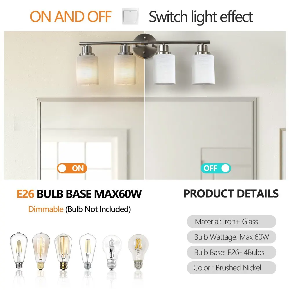 Modern Brushed Nickel 4-Light Frosted Glass Vanity Light, 24 in, image 4 of 5