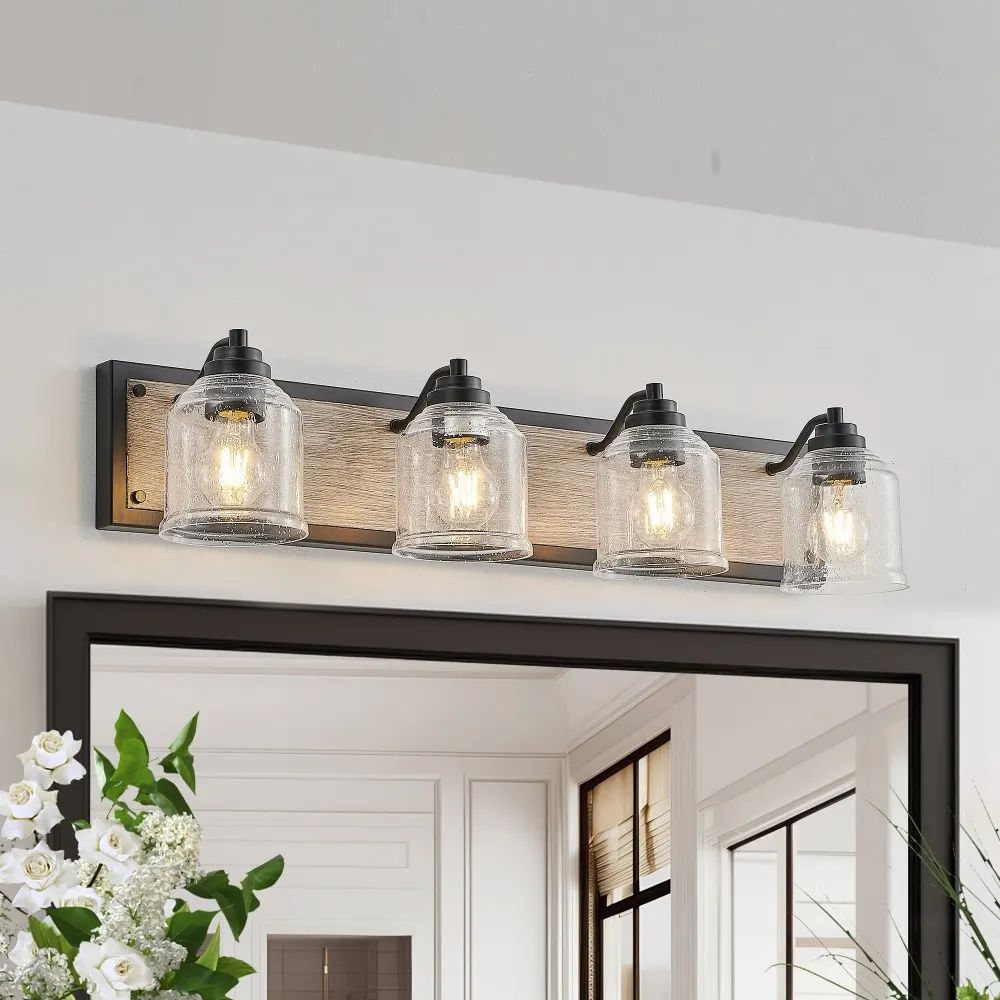 Farmhouse Black 4-Light Seeded Glass Vanity Light, 32 in