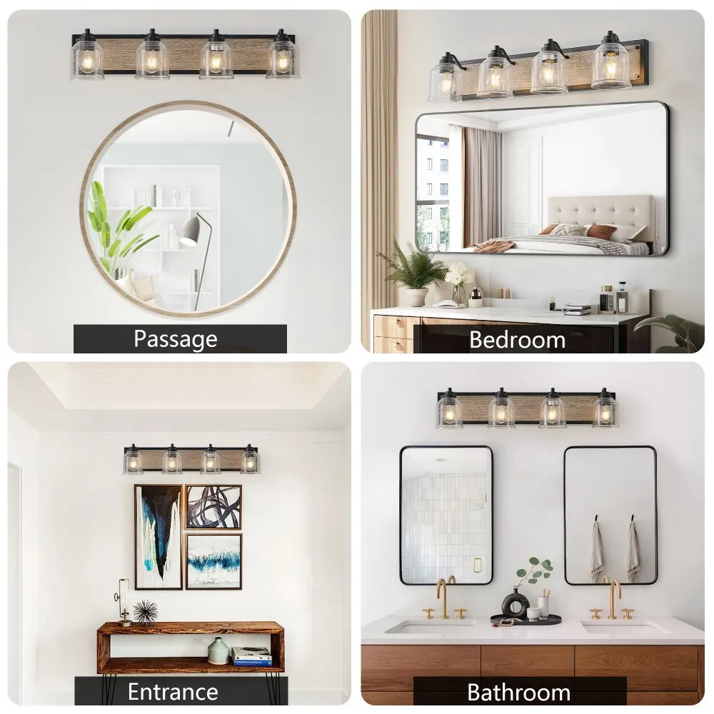 Farmhouse Black 4-Light Seeded Glass Vanity Light, 32 in, image 2 of 5