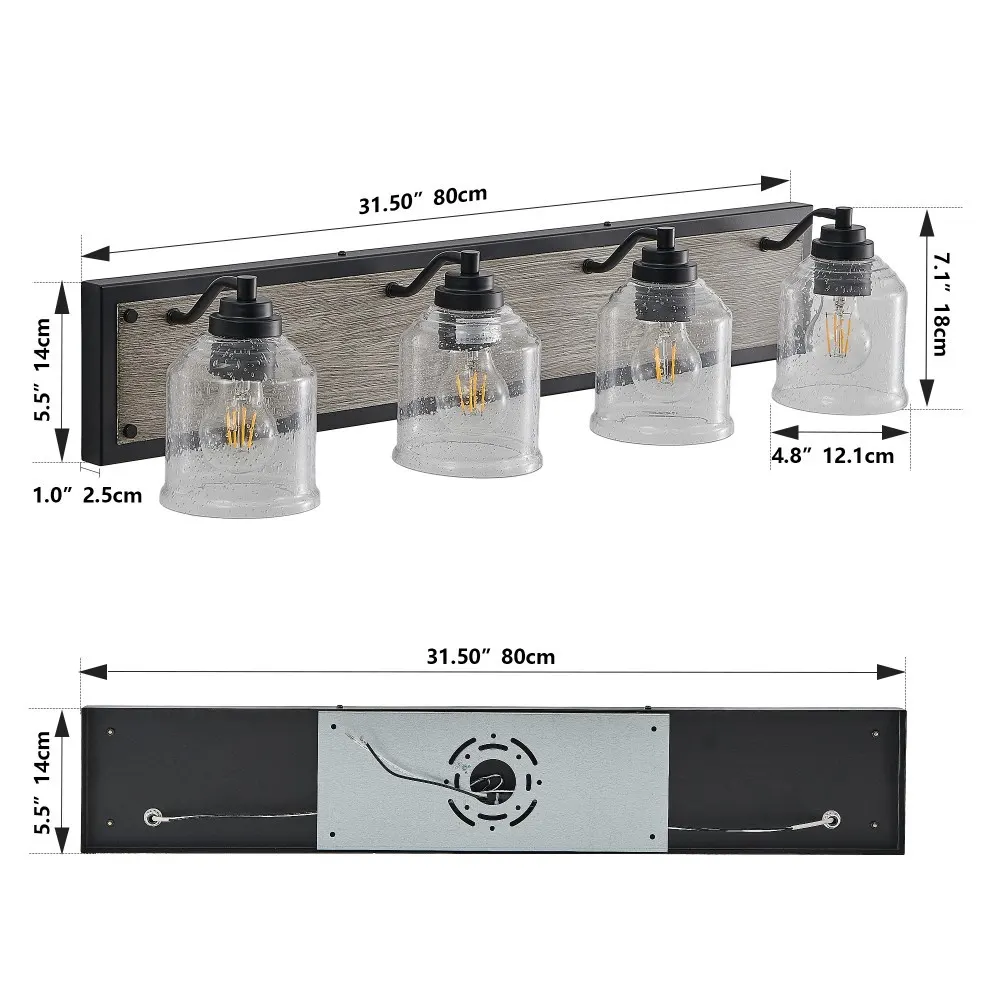 Farmhouse Black 4-Light Seeded Glass Vanity Light, 32 in, image 5 of 5
