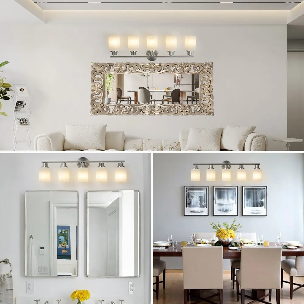 Modern Brushed Nickel 5-Light Frosted Glass Vanity Light, 31 in, image 2 of 5
