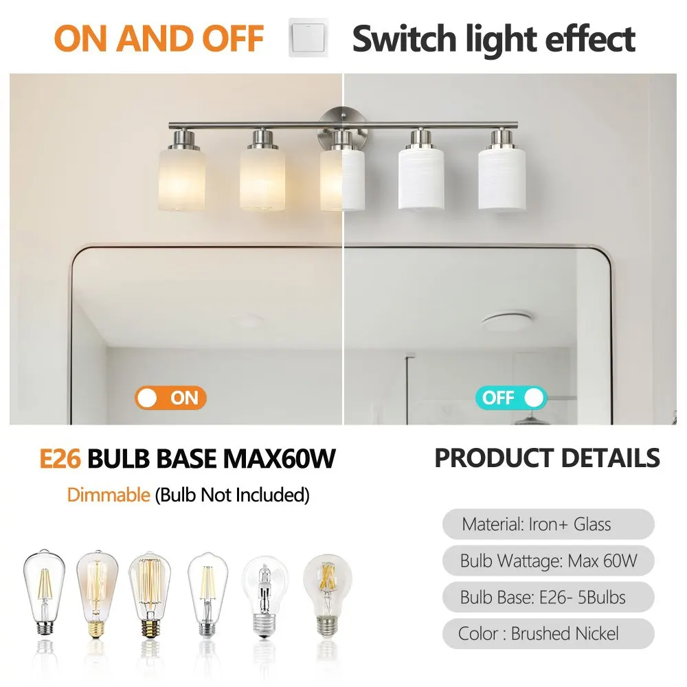 Modern Brushed Nickel 5-Light Frosted Glass Vanity Light, 31 in, image 4 of 5