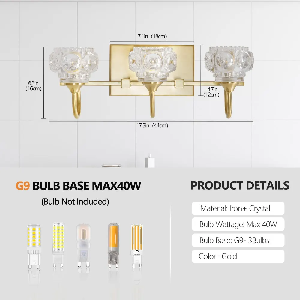 Modern Gold 3-Light Clear Glass Vanity Light, 17 in, image 4 of 5