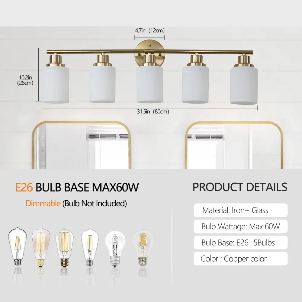 Modern 5-Light Frosted Glass Vanity Light, 31 in, image 5 of 5
