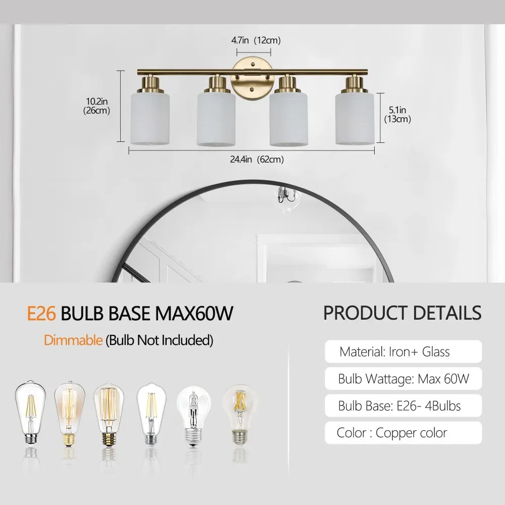 Modern 4-Light Frosted Glass Vanity Light, 24 in, image 4 of 5
