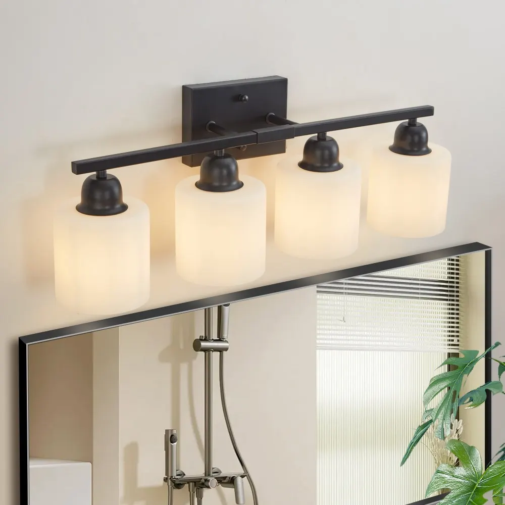 Modern Black 4-Light Frosted Glass Vanity Light, 24 in