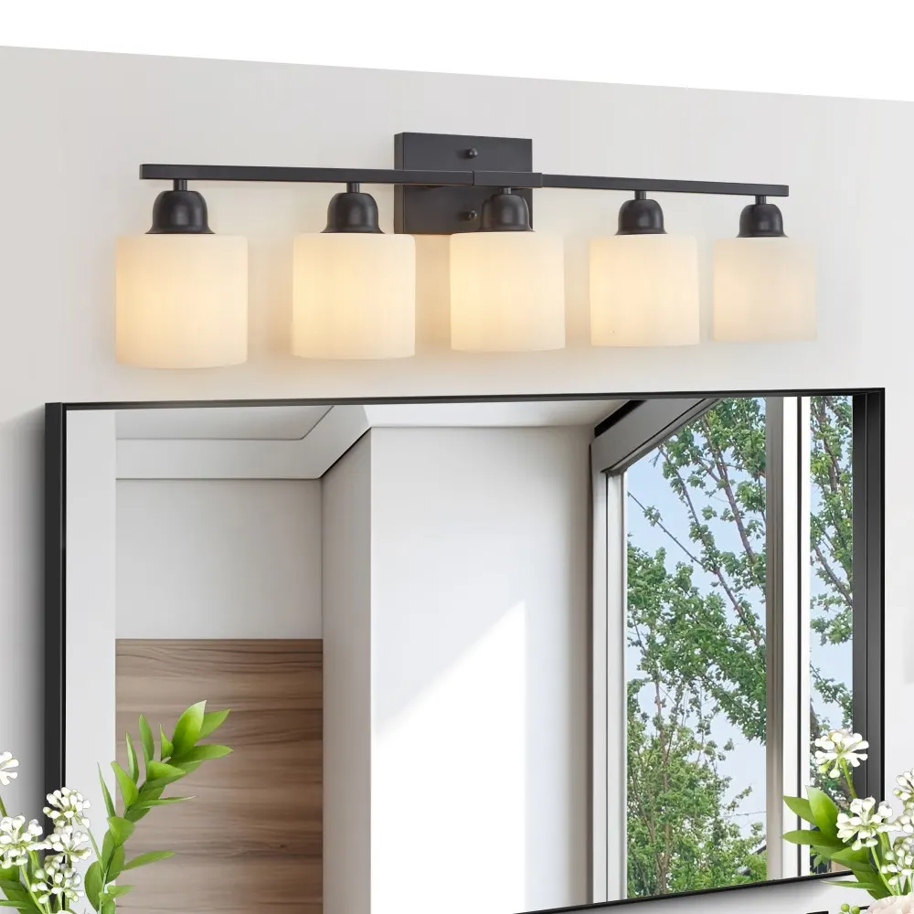 Modern Black 5-Light Frosted Glass Vanity Light, 31 in
