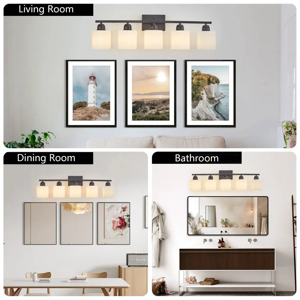 Modern Black 5-Light Frosted Glass Vanity Light, 31 in, image 2 of 5