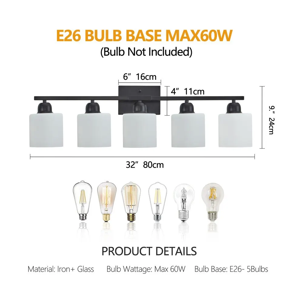 Modern Black 5-Light Frosted Glass Vanity Light, 31 in, image 4 of 5