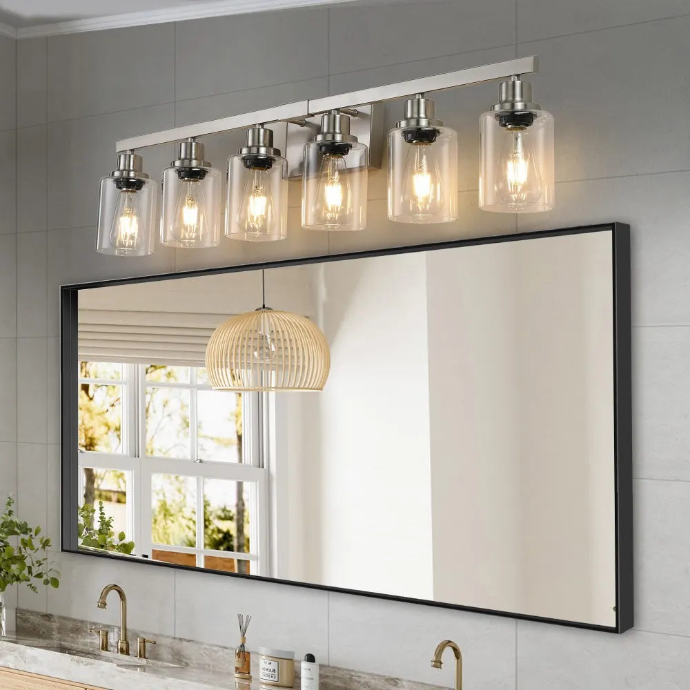 Modern Brushed Nickel 6-Light Clear Glass Vanity Light, 37 in